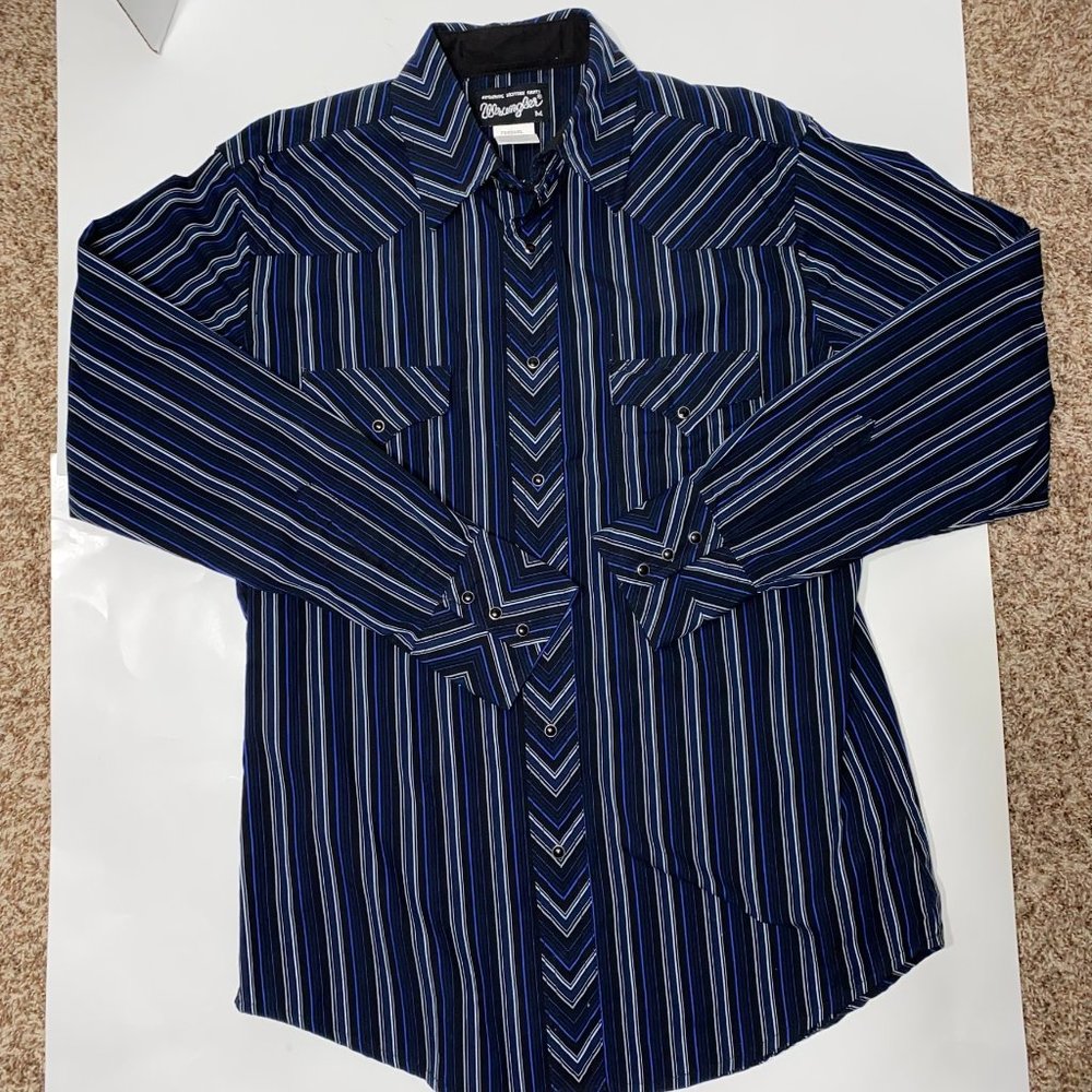 WRANGLER Western Men's Pearl Snap Button Up Blue Shirt, Size M